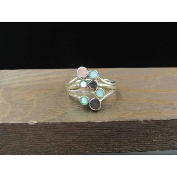 Size 8.5 Sterling Silver Various Shell Inlayed Circles Band Ring Vintage - Picture 1 of 6